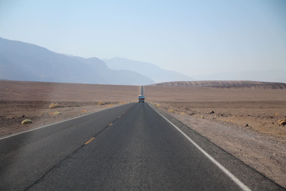 Class A driving through Death Valley, California