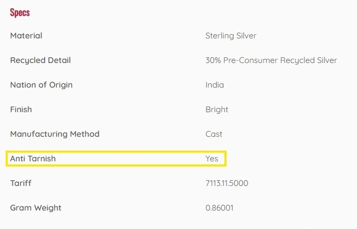 product specs section showing anti tarnish coating on Halstead's website