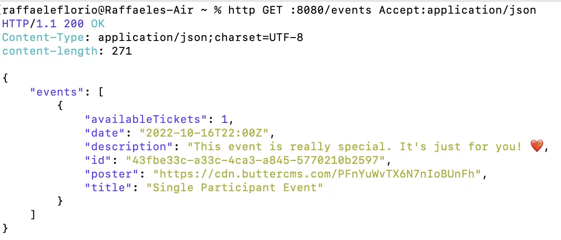 Created single participant event returned JSON object.