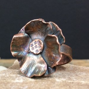 Copper formed flower ring made by Erica Stice
