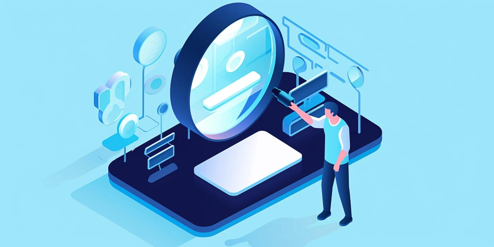 An isometric illustration of a man with a giant magnifying glass over a smartphone, symbolizing search and analysis of digital content or data.