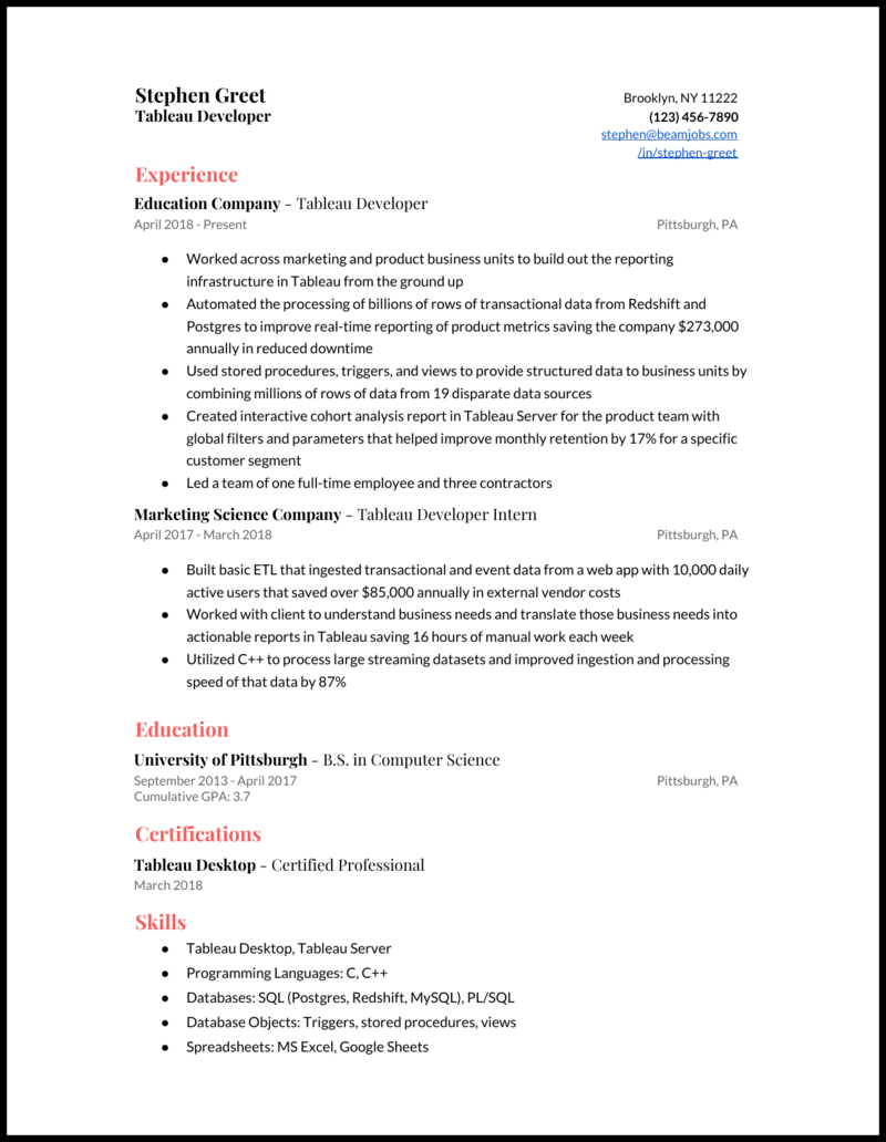 Tableau Developer Resume Samples For 2020