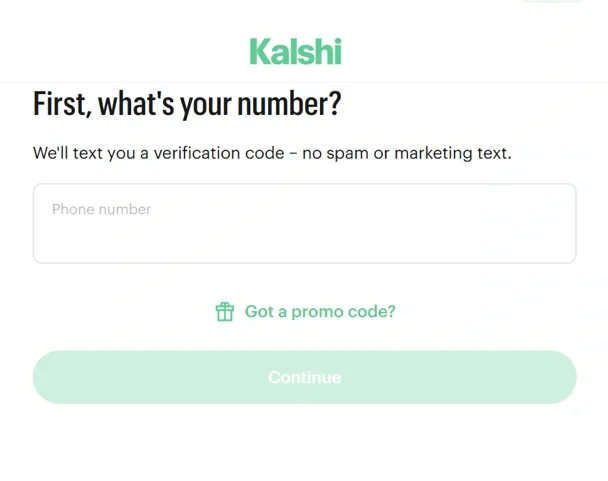 Kalshi registration page asking for a phone number verification with a &ldquo;Got a promo code?&rdquo; option during the account sign-up process.