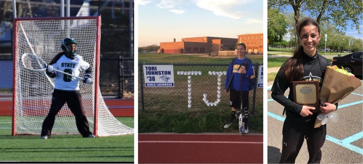 Photos of Tori Johnston standing in a lacrosse goalie net, in front of a fence, and holding flowers