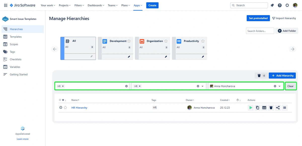 A screenshot of a project management software interface with a "Manage Hierarchies" page displayed, showing filtering options and a list of hierarchies with one named "HR Hierarchy". Options for setting preinstalled hierarchies, importing, and adding folders are visible.