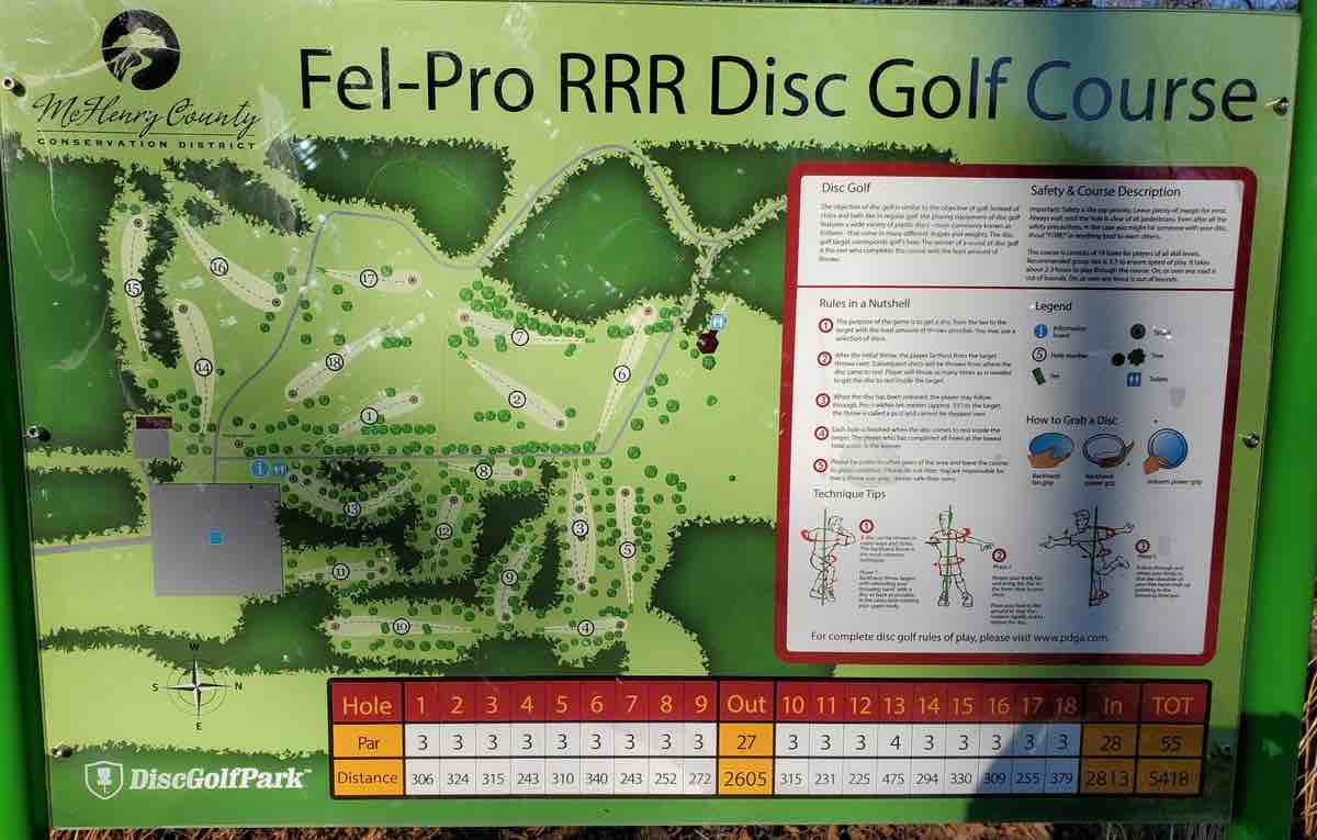 A map to the Fel-Pro RRR disc golf course on a large sign