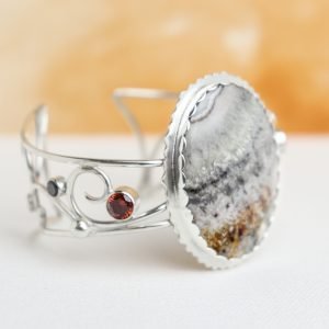 Wire work cuff with cabochon and CZ tube set stones by Melissa Muir