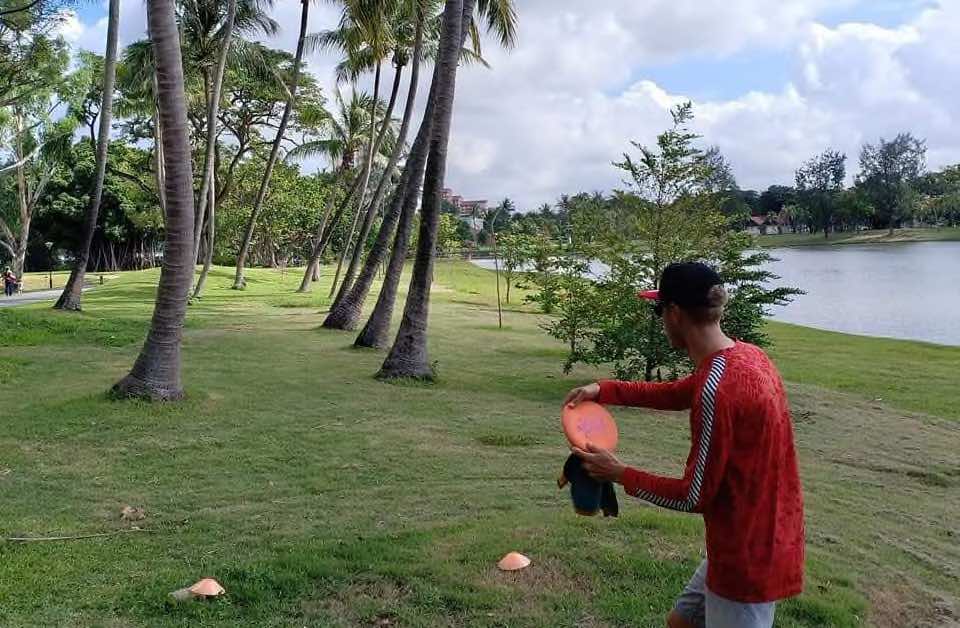 A person lining up a disc golf shot through palm trees and a body of water