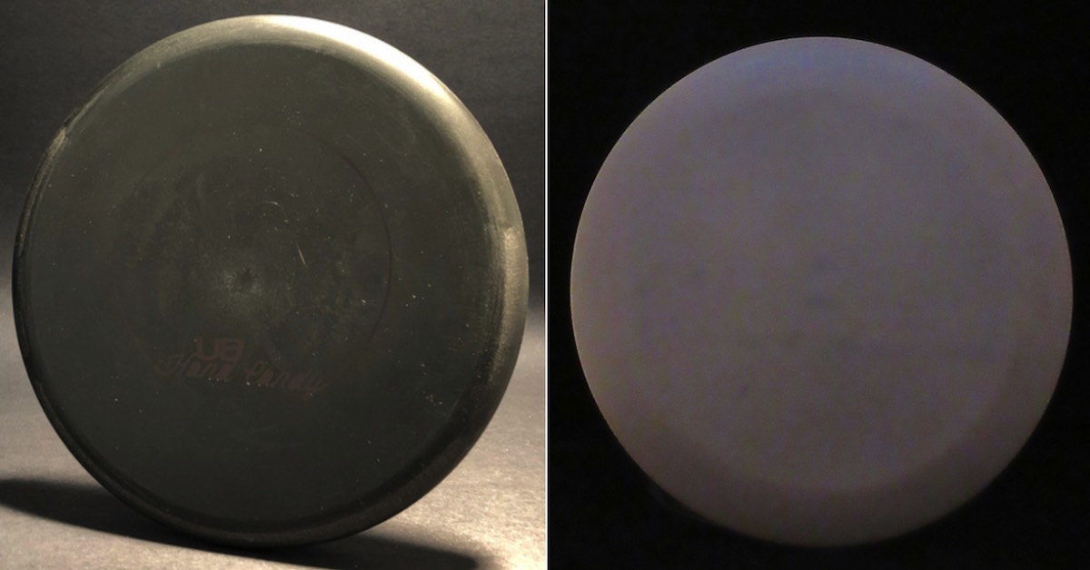 A gray disc and a pale purple disc, both seen from the top.