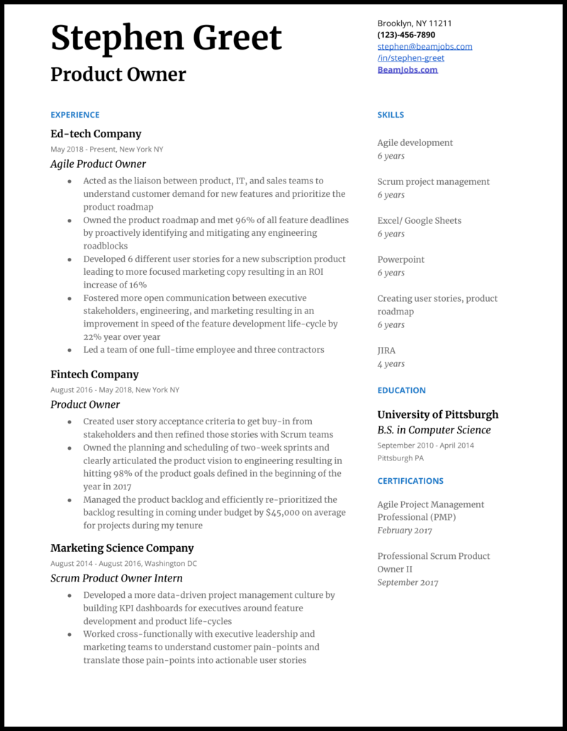 Product Owner Resume Samples For 2020