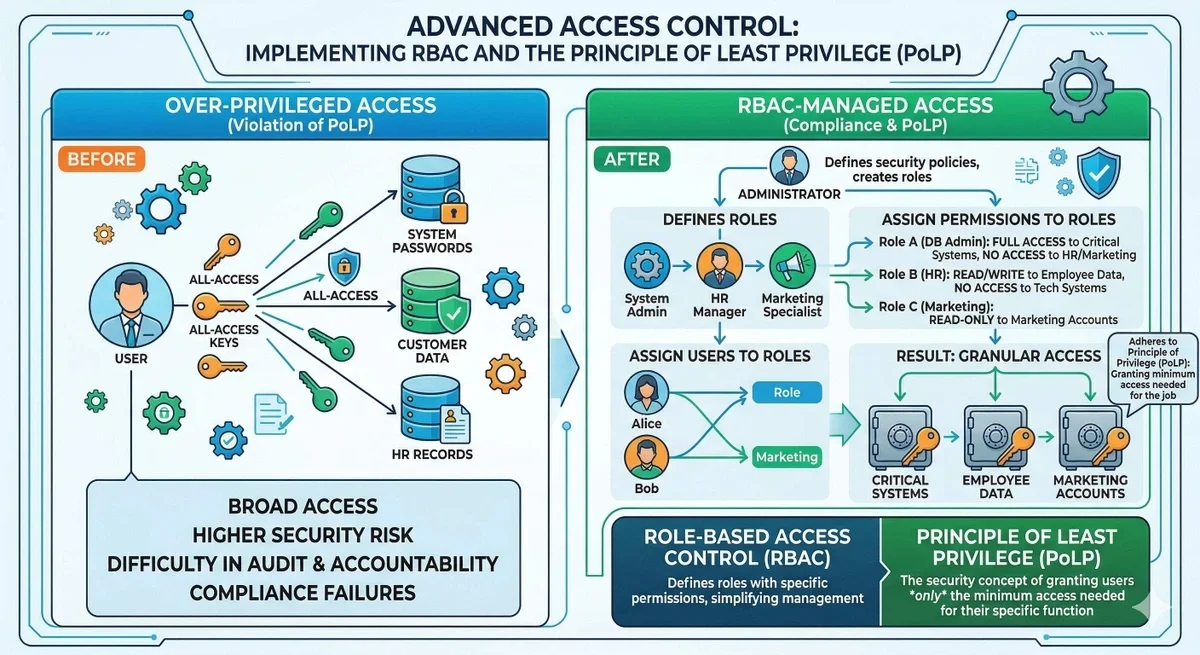 Gemini said Diagram comparing insecure over-privileged access with secure Role-Based Access Control (RBAC) enforcing the Principle of Least Privilege (PoLP).