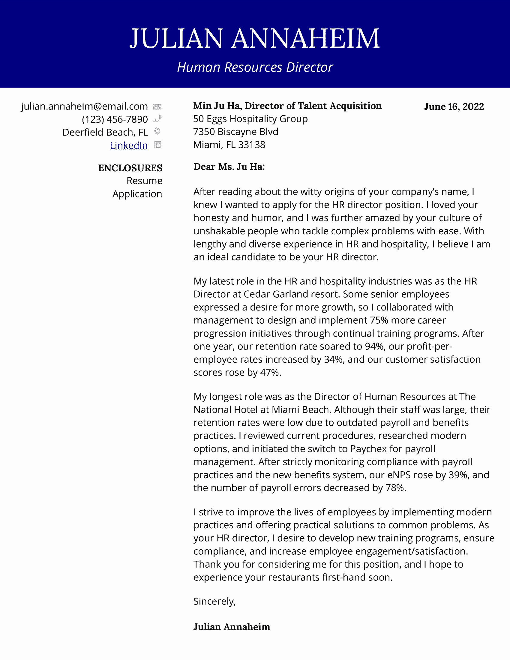 Human resources director cover letter example with blue contact header