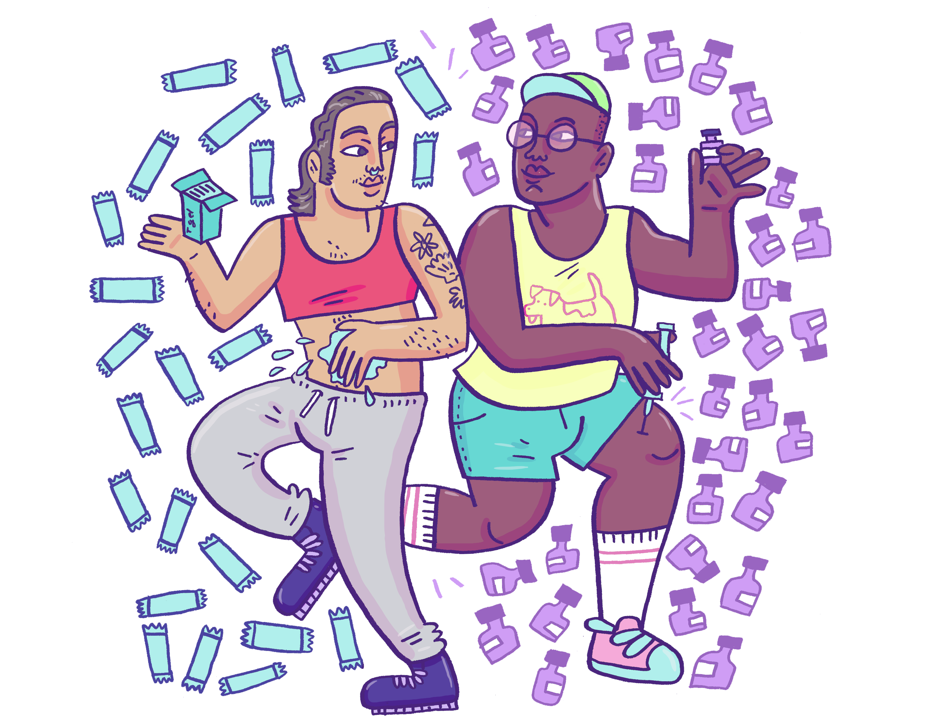 illustration of two ftm transgender men with testosterone gel and injections