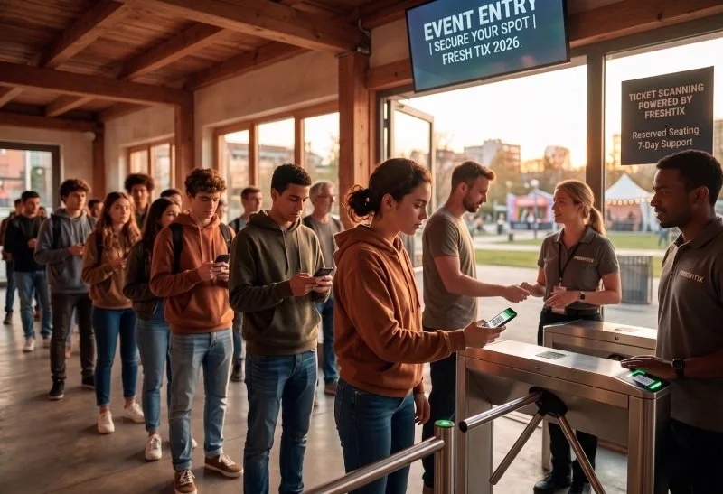 Attendees scanning mobile tickets at a FreshTix-powered event entry gate in 2026