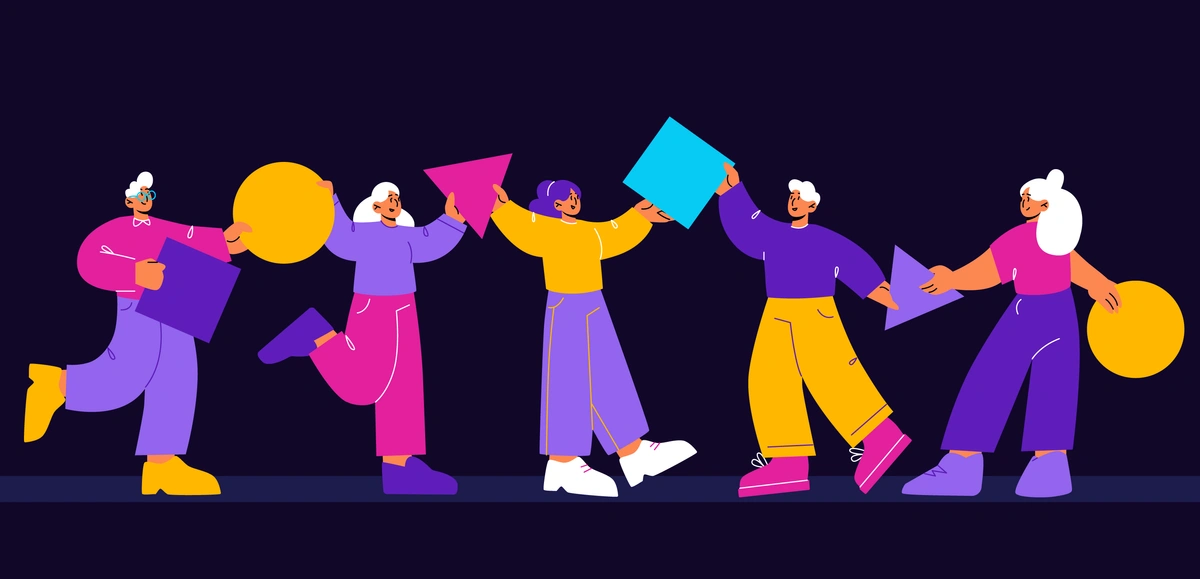 A vibrant illustration of a group of people holding geometric shapes, possibly symbolizing collaboration, diversity, and teamwork in a community or workplace.