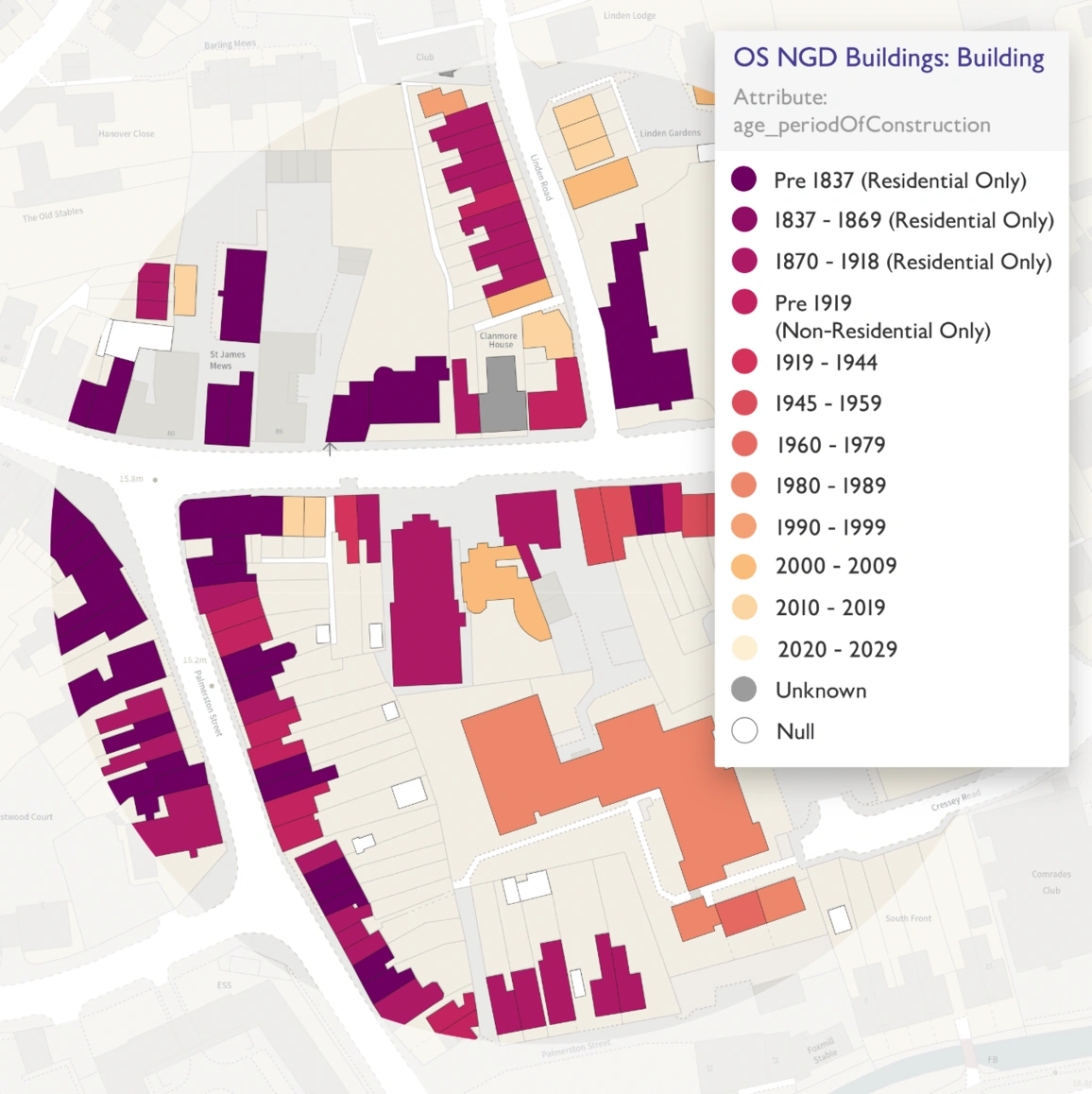 Building age shown on OS map