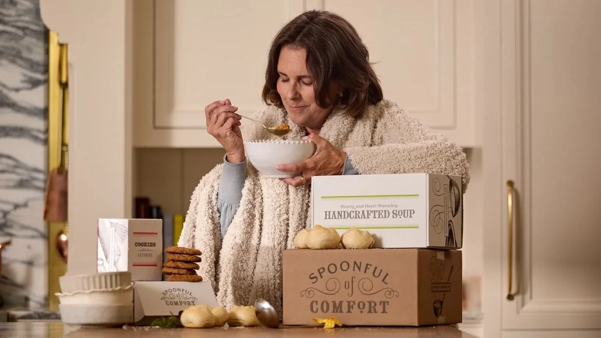 Person wrapped in a cozy throw blanket, enjoying a bowl of soup beside stacked Spoonful of Comfort gift boxes, cookies, rolls, and other comforting treats.