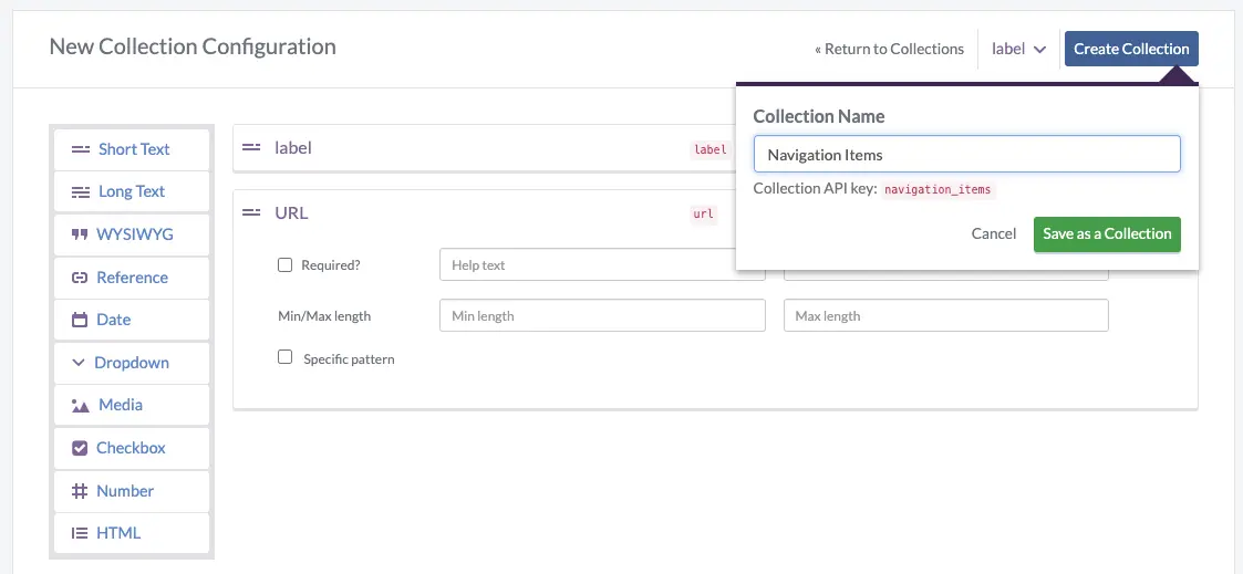 Configure the navigation item collection