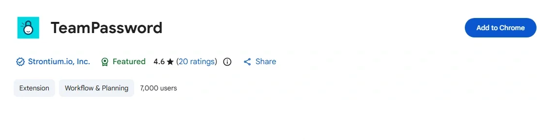 The TeamPassword extension listing on the Chrome Web Store showing the Add to Chrome button.
