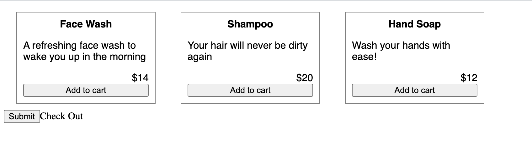 Screenshot of basic product page displaying three item names and descriptions: Face Wash, Shampoo, Hand Soap