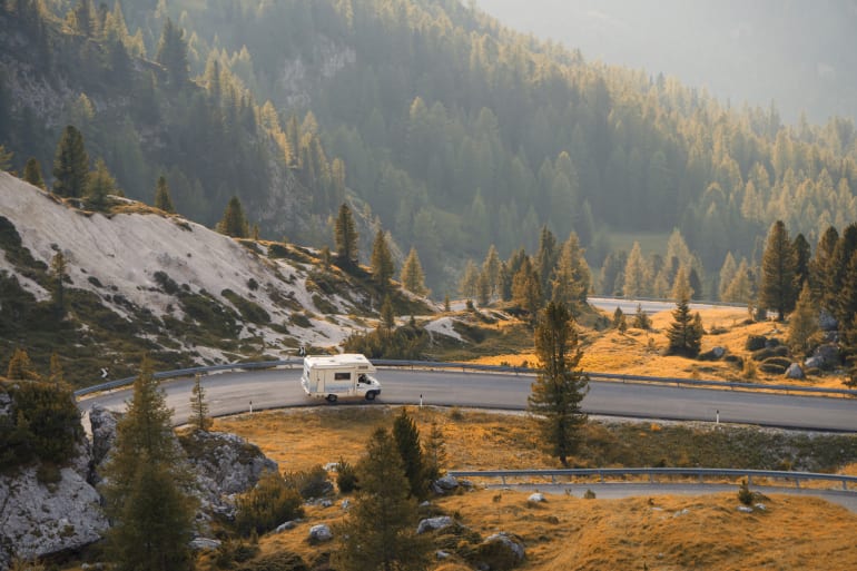 RV driving on scenic road