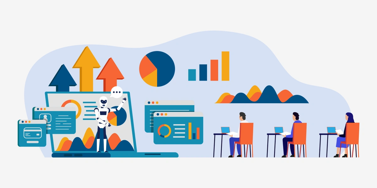 A panoramic illustration showing a diverse team in a data-driven business environment, with charts, graphs, and a humanoid robot, symbolizing the integration of AI in business analytics.