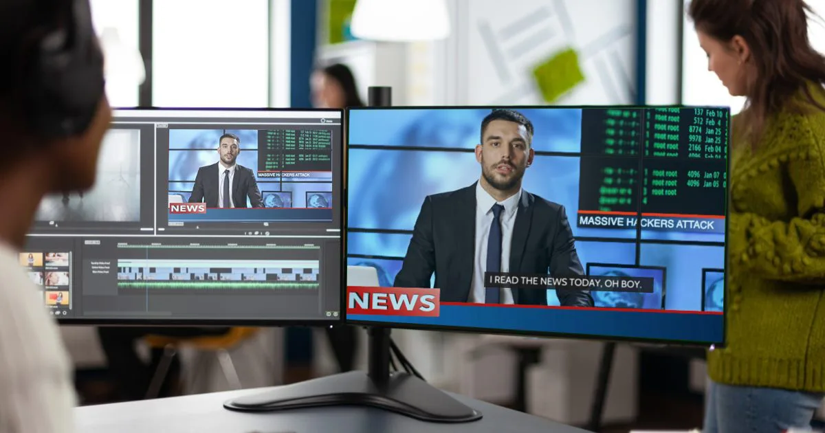 A woman faces a computer with closed captioning software open. The screen is displaying a news program.