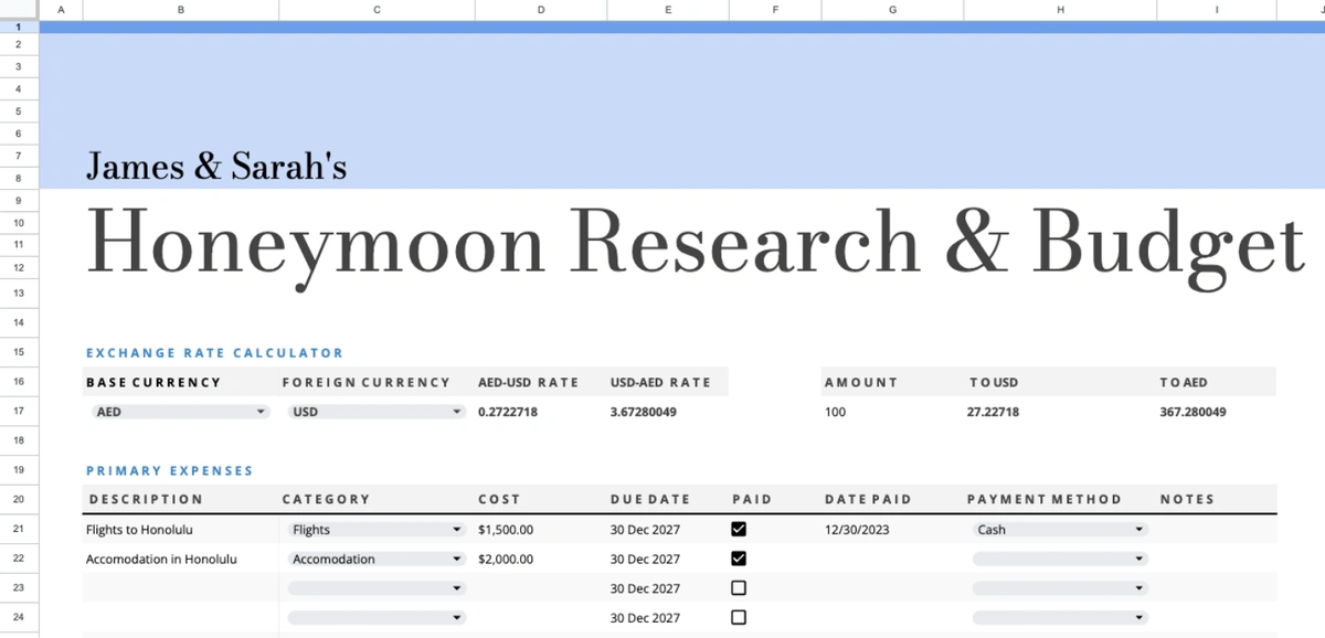 Screenshot from the wedding planning template featuring the honeymoon research and budget tab.