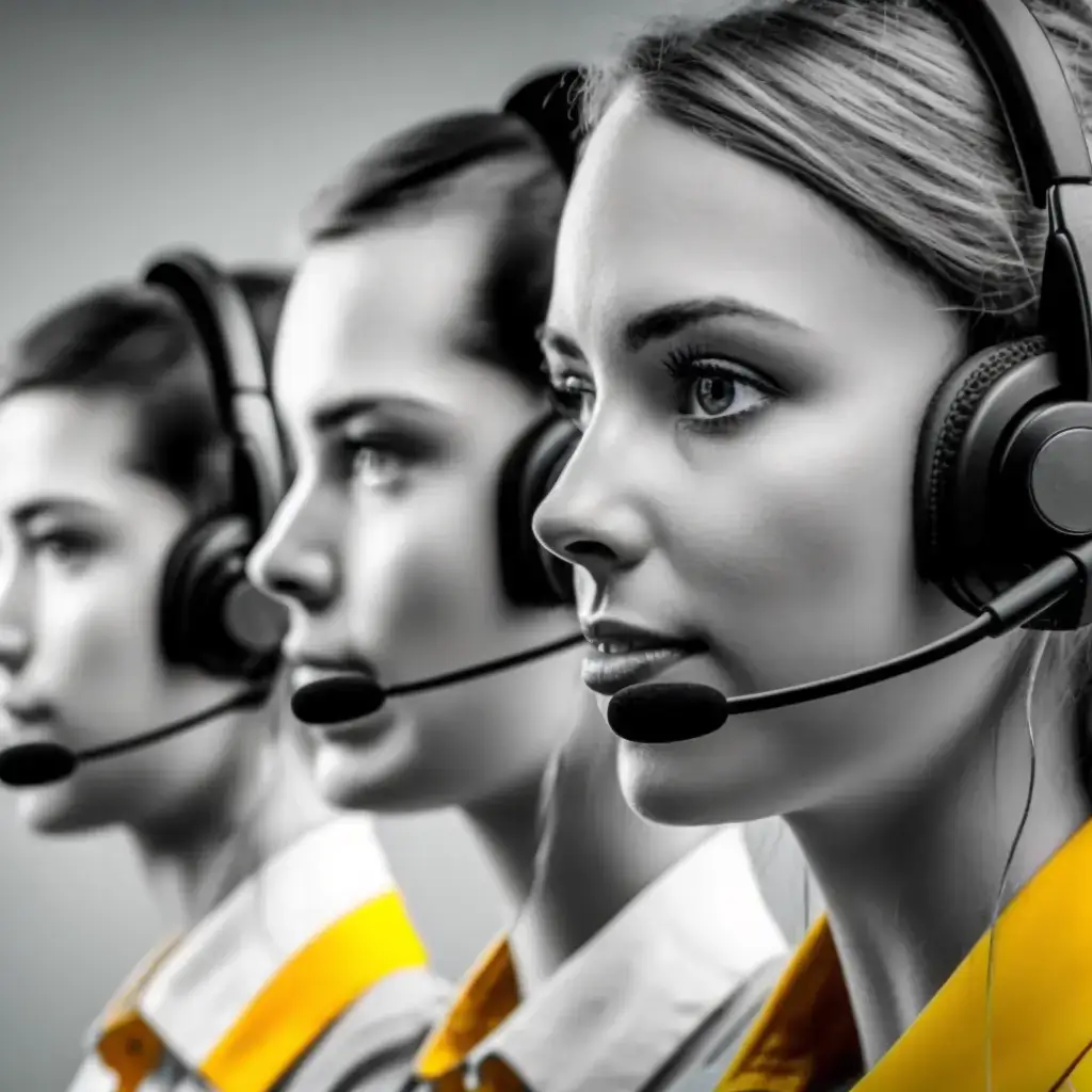 Call Center operators with headsets on. Three women in a row with gold jackets.