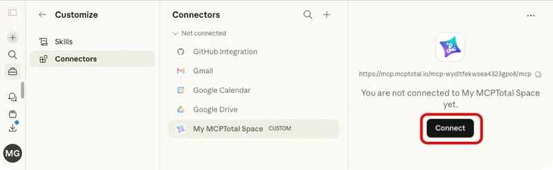 The Claude Connectors list shows the Connect button highlighted for a custom connector.