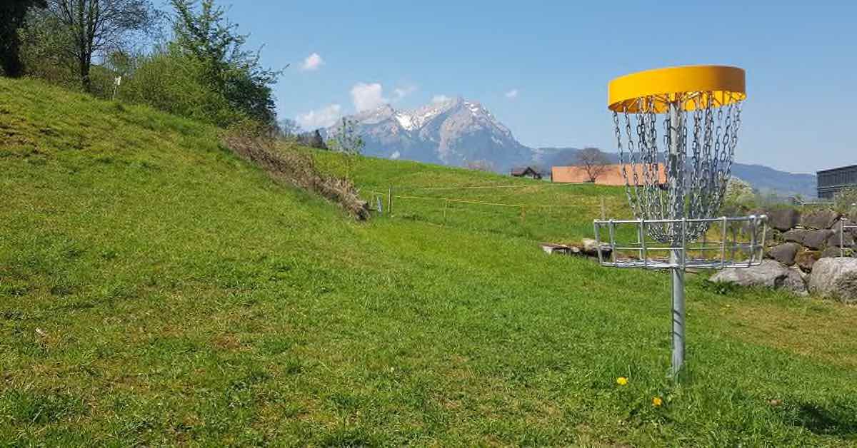disc golf basket in green field with epic mountain behind