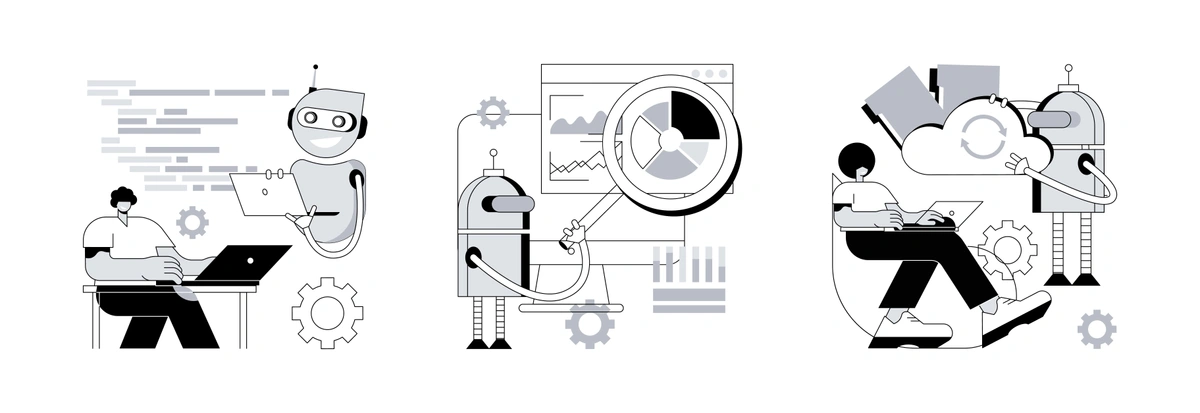 Monochrome graphics of a person working on a laptop with AI assistance, representing the integration of technology in work processes.