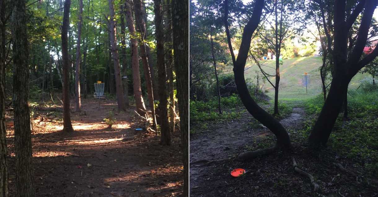 Two photos of disc golf baskets surrounded by woods