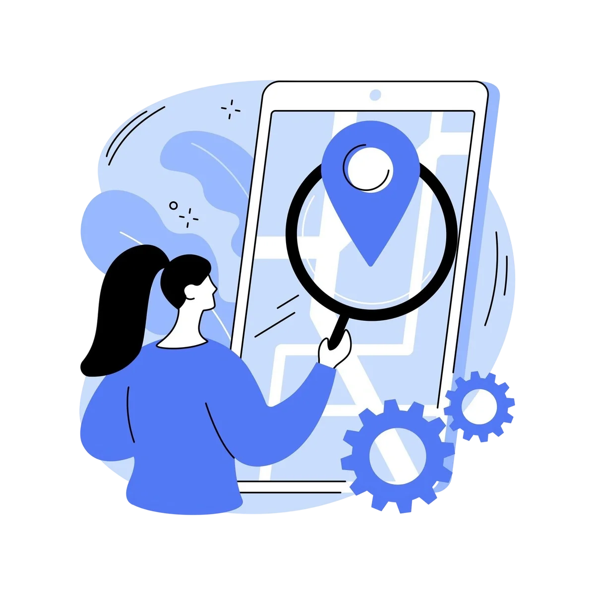 Illustration of woman using location search on mobile device with map and pin icon.