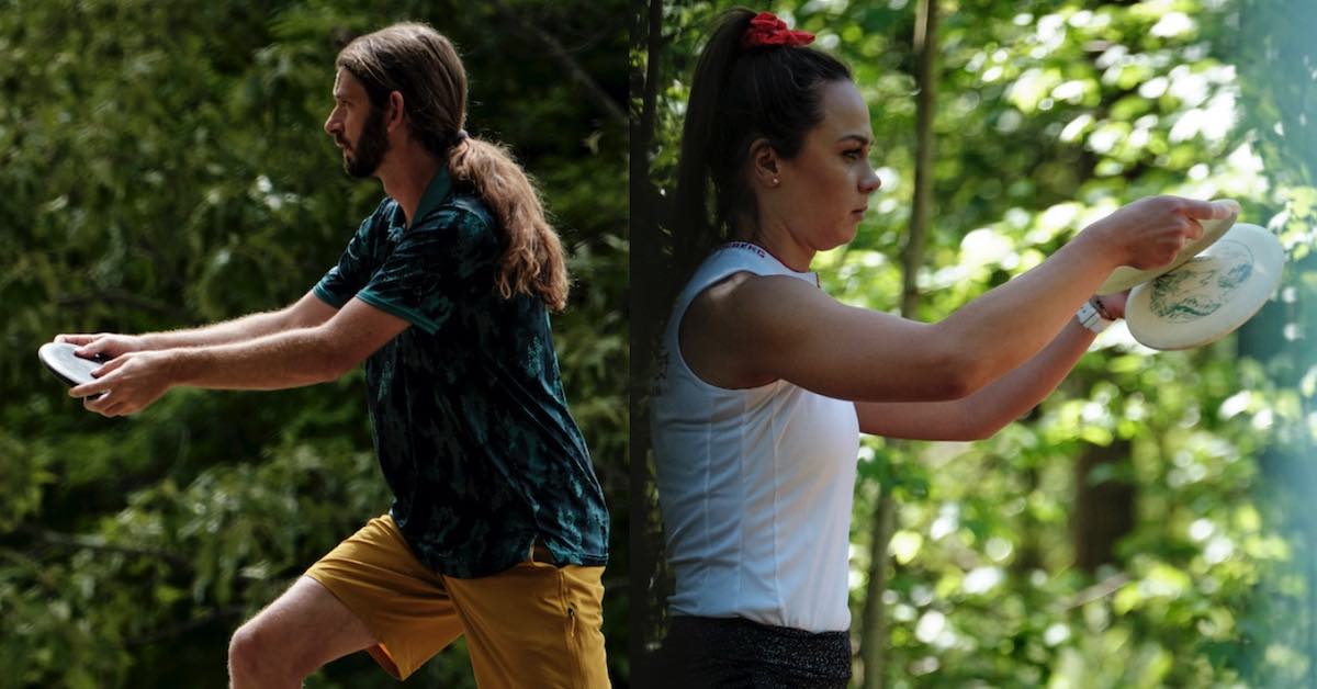 Two photos, left of a long-haired man getting ready to putt a disc left, right of a woman ready to putt a disc right