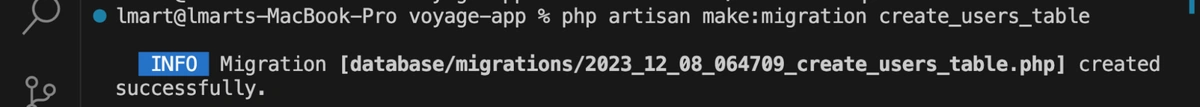Laravel Migrations terminal results for create migrations