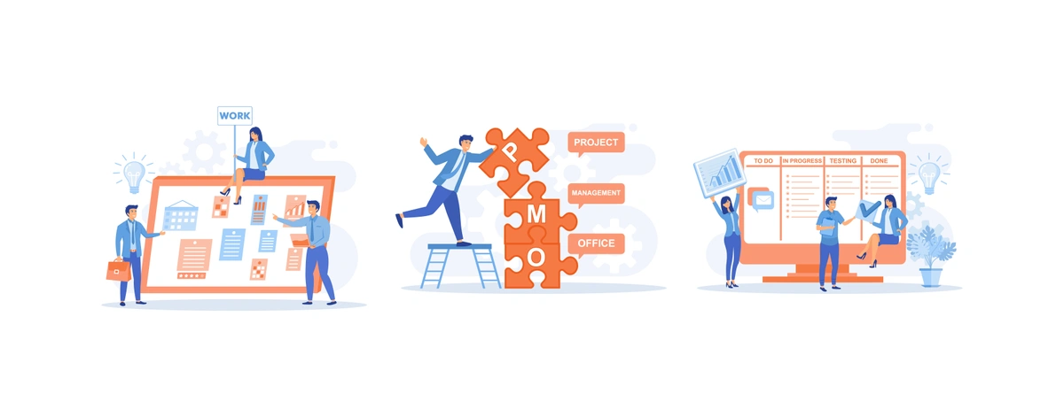 A series of illustrations showing people interacting with elements of a project management theme, including a Kanban board, puzzle pieces labeled 'Project Management', and a workflow chart, all depicting teamwork and organizational tasks.