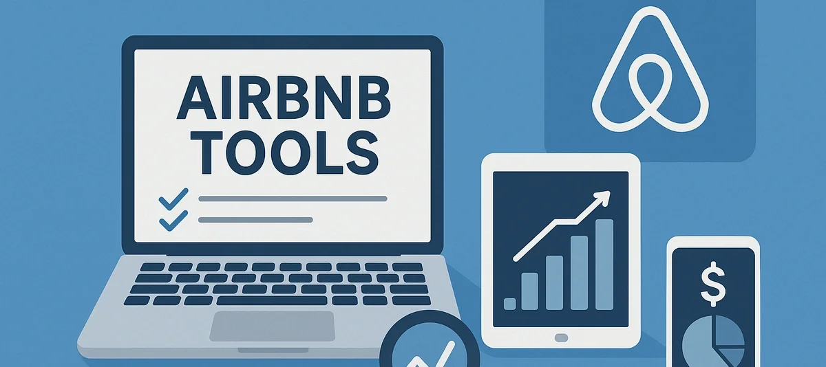 A flat-style illustration showing a laptop displaying the text “Airbnb Tools,” surrounded by a tablet with a rising bar chart, a smartphone with financial icons, a magnifying glass, and the Airbnb logo—representing essential software and platforms fo