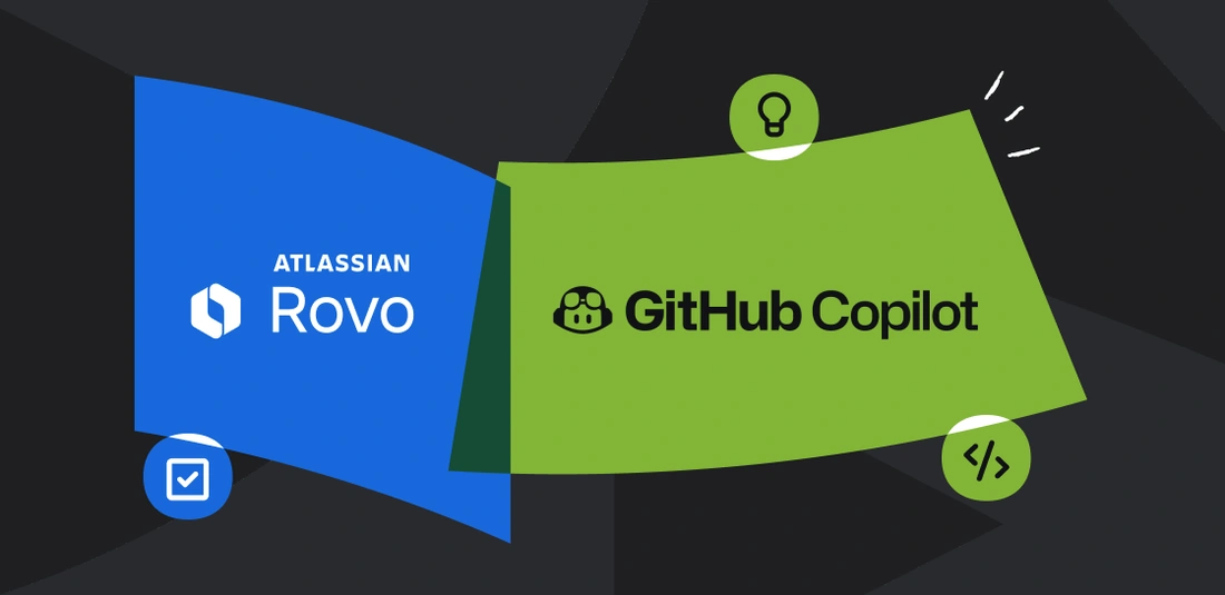 Illustration showing Atlassian Rovo and GitHub Copilot logos connected by a dynamic, colorful ribbon with icons representing tasks, ideas, and code.