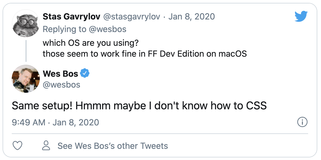 Wes Bos tweeting about not knowing CSS