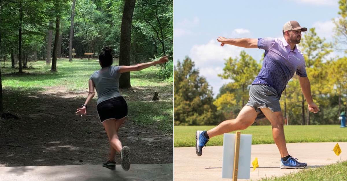 Left: Photo of a woman throwing a disc golf disc down a wooded fairway (view from behind). Right: Image of a man in a purple shirt who just released a disc golf drive