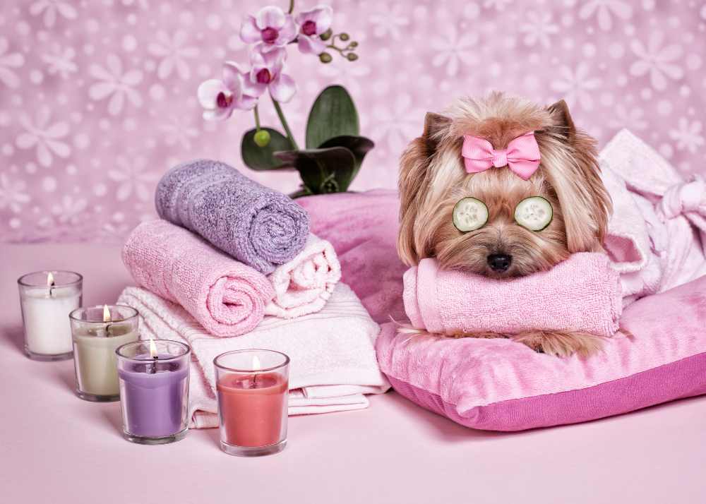 A yorkshire terrier with cucumbers over its eyes in a spa-like setting