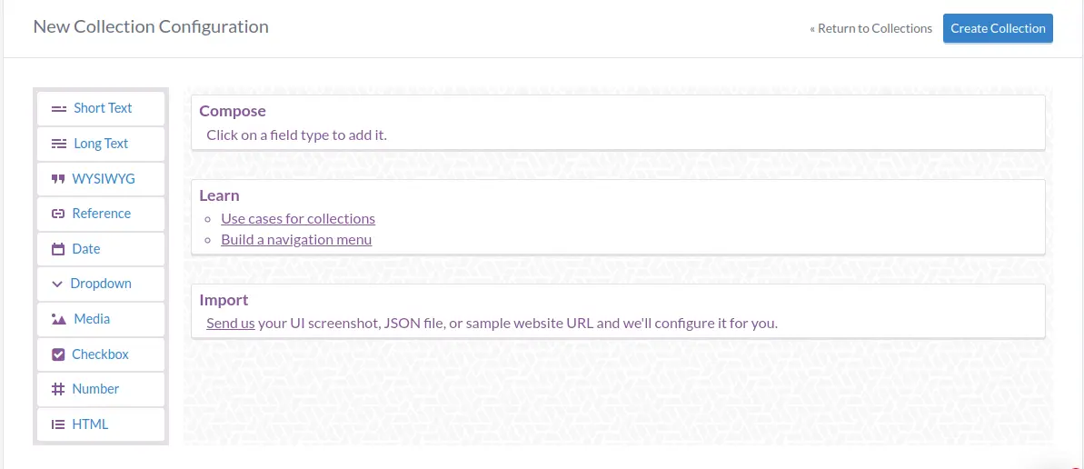 Collection configuration dashboard. 