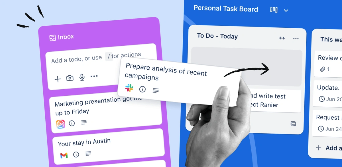 Drag-and-drop interface showing task cards moving between personal and team boards.