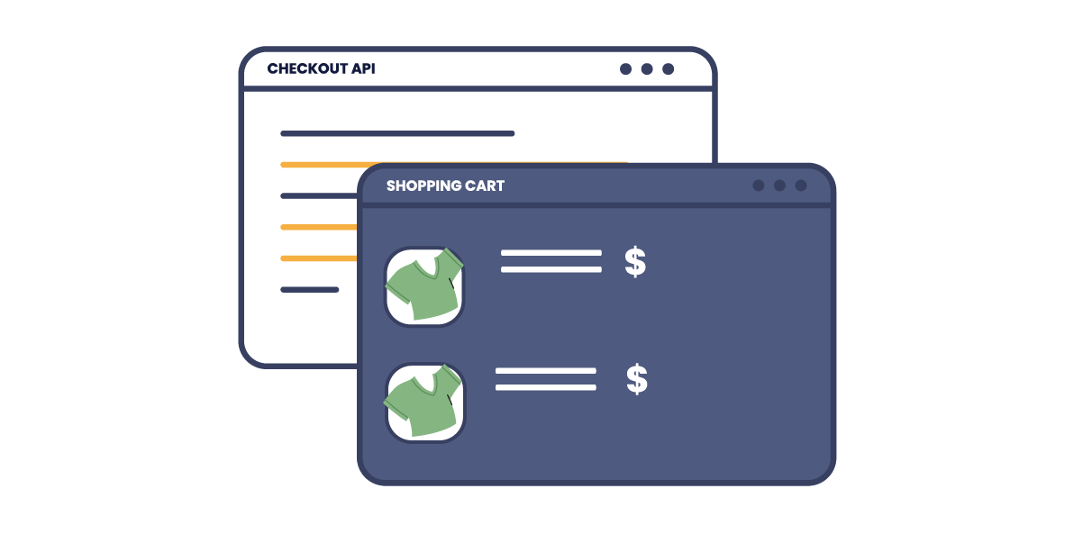 Illustration: Two browser windows. One displays a ecommerce site and the other shows a basic checkout api