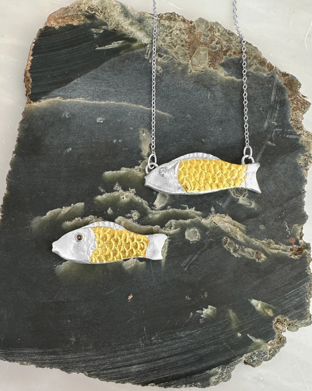 silver clay fish pendants with keum boo