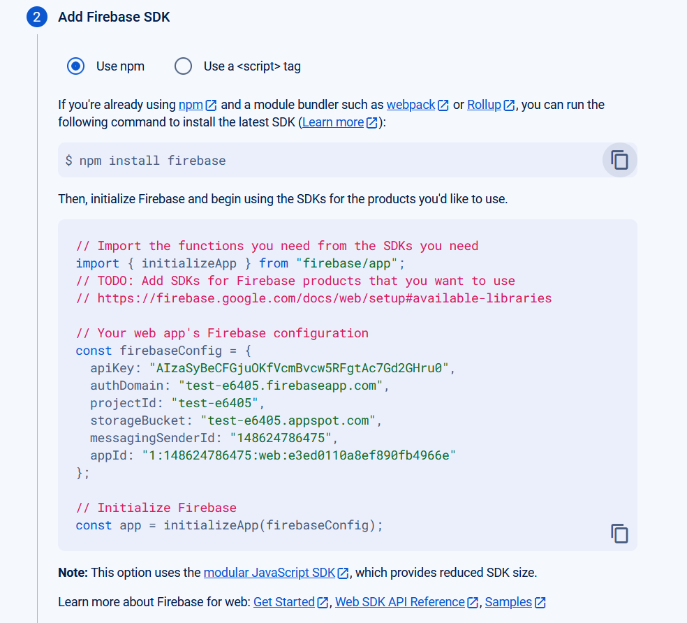 Setup wizard firebase sdk