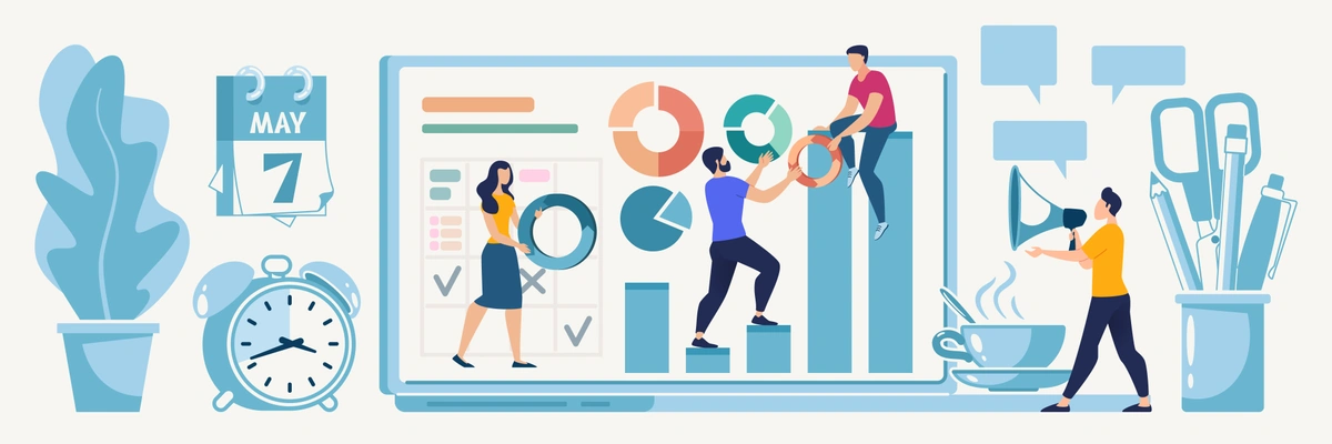 Vector graphic of a team collaborating on project planning with charts and calendar icons in a dynamic workspace.