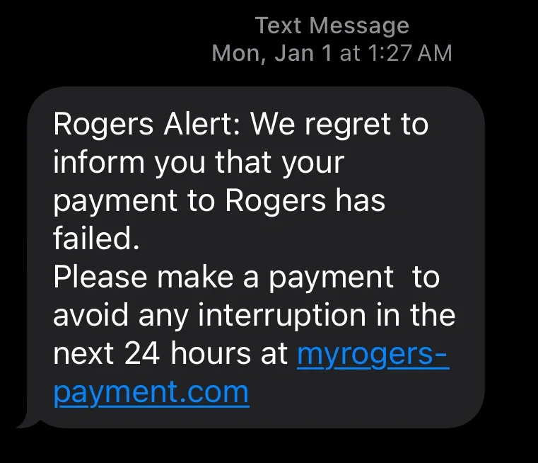 A smishing SMS message claiming to be Rogers with a warning that a payment could not be processed, which could lead to service interruptions within 24 hours.