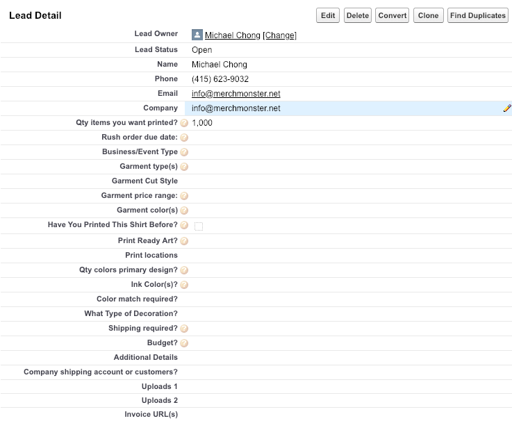 Merch Monster's custom SalesForce order intake questionnaire